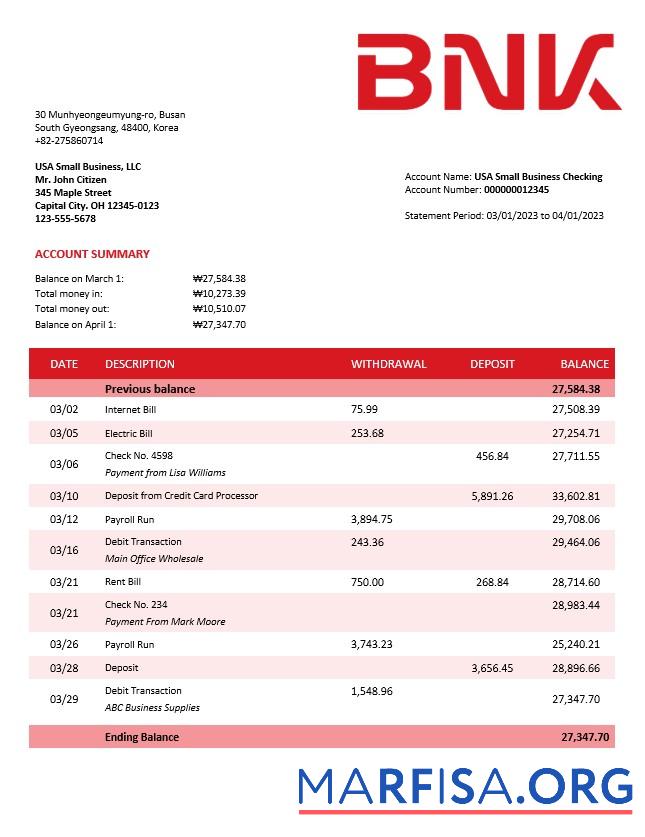 Blank BNK Financial Group enterprise statement Word and PDF template